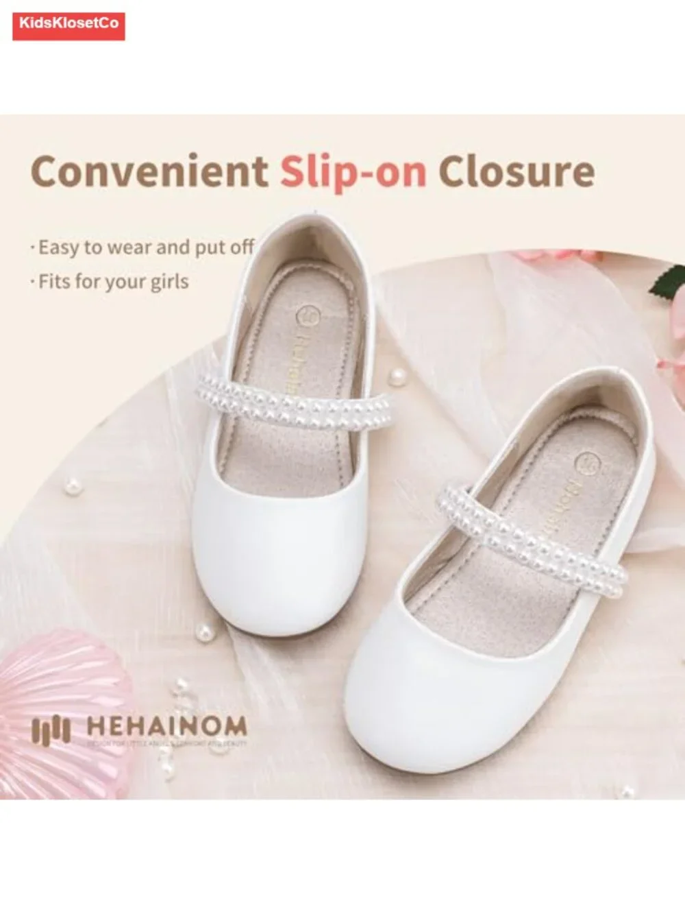 Toddler Mary Jane Princess Flats with Bow and Pearls, Round Toe, Slip On